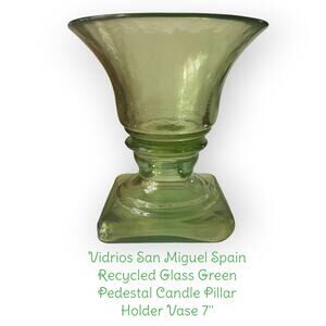 Vidrios San Miguel 100% Recycled Glass Green Footed Round Hurricane Vase bowl 7”